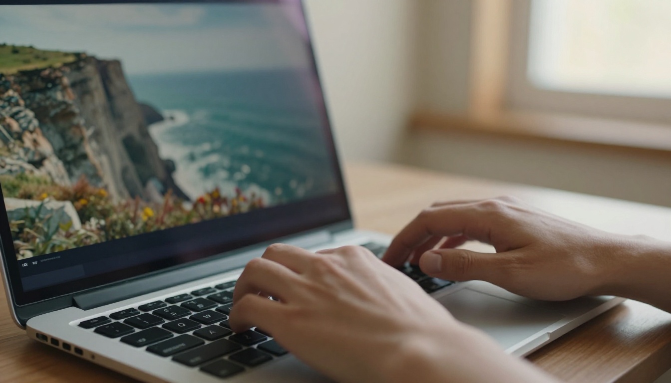 Hands typing a video prompt on a laptop