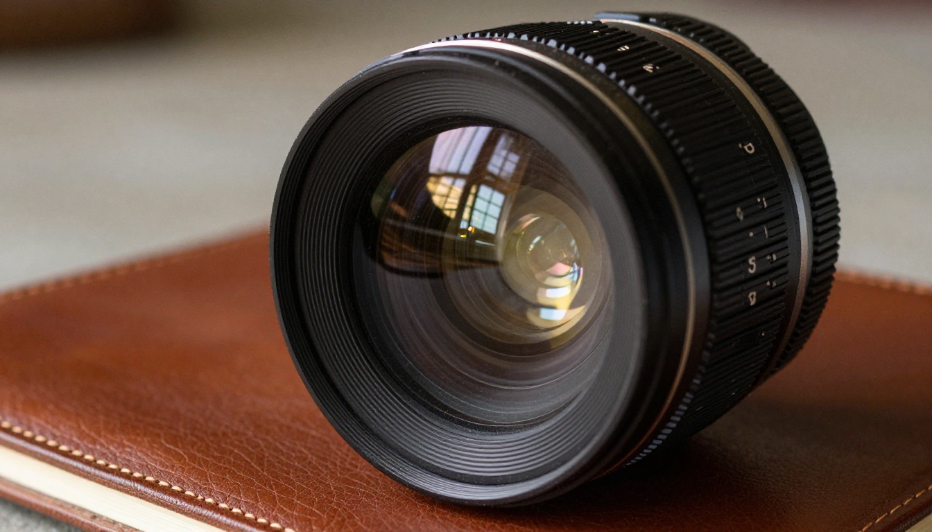 Cinema lens resting on a leather notebook