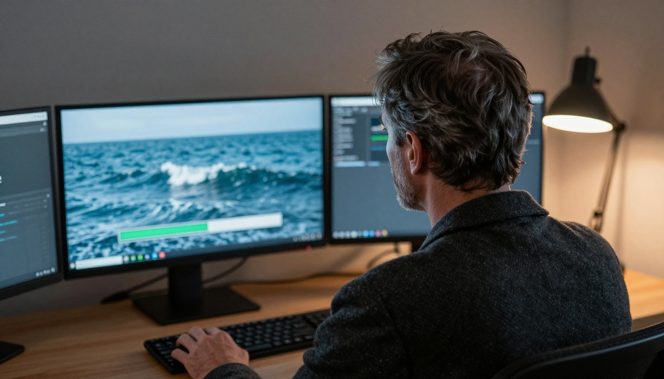 Man reviewing a render at a dusk home office