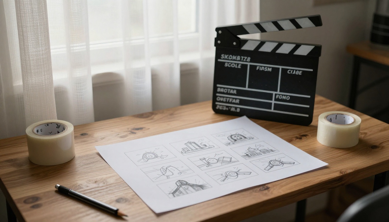 Storyboards and a clapperboard on a production desk