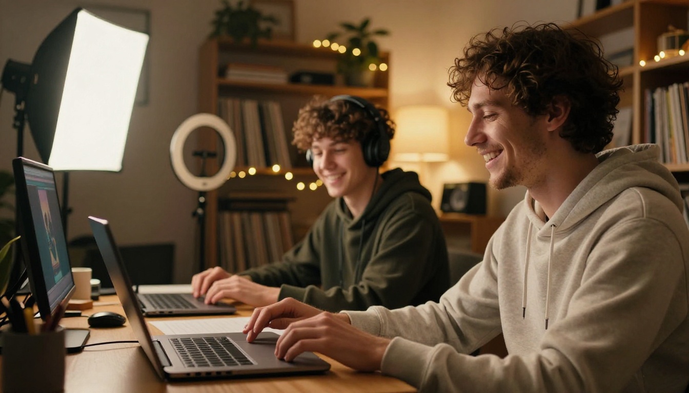 Content creator smiling at his laptop in a home studio