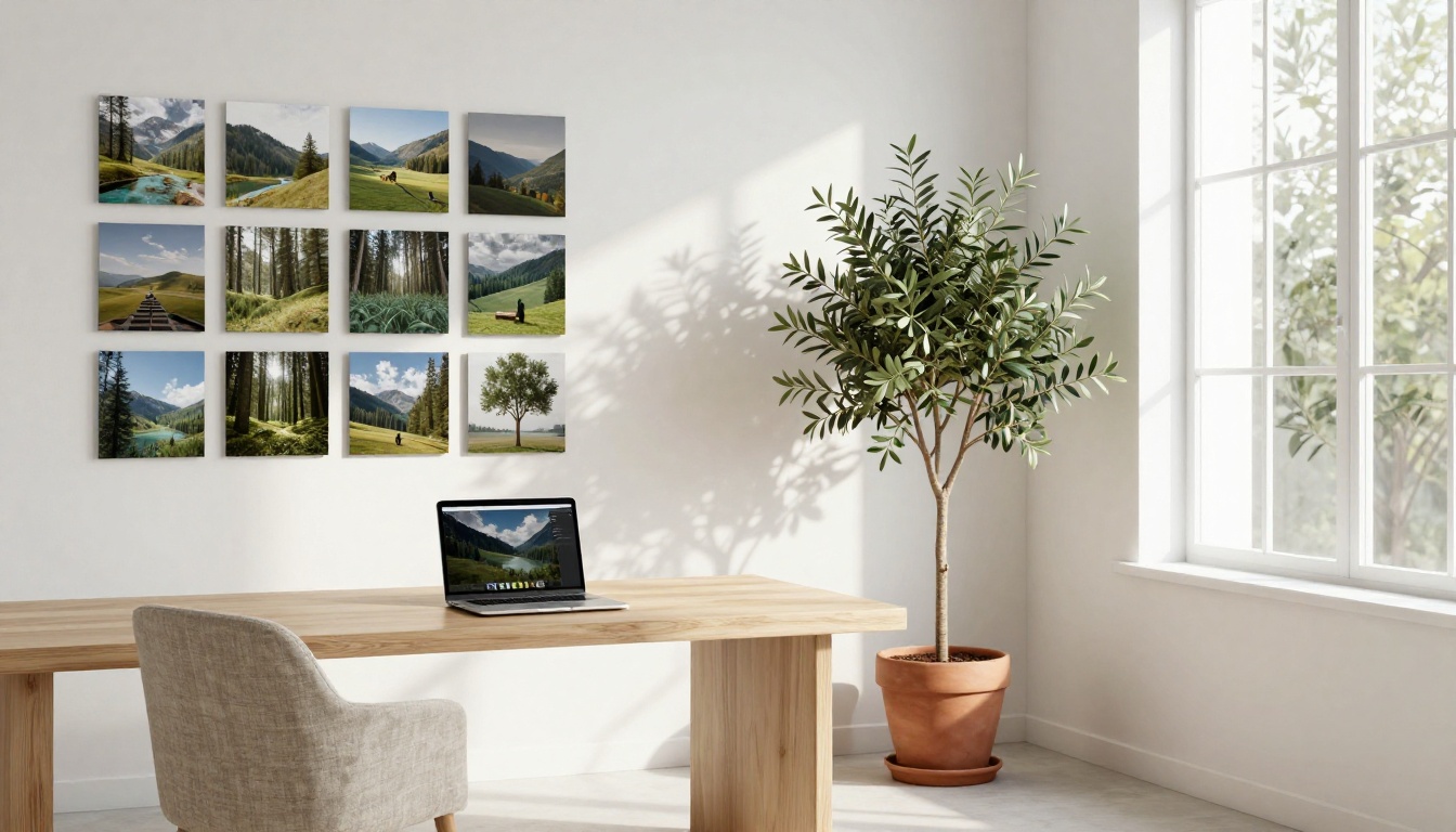 Minimalist daylight workspace with a video gallery on screen