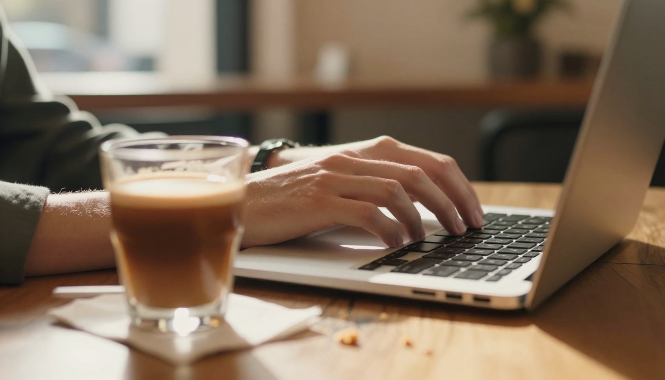 Hands at a laptop keyboard beside a cortado in a sunlit cafe