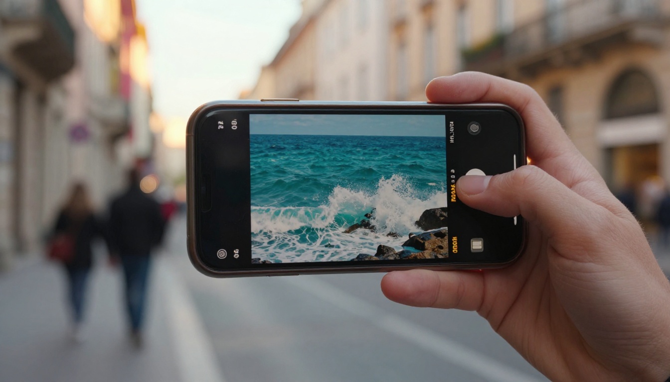 Creator holding a phone playing a vertical wave clip on a golden street Creator holding a phone playing a vertical wave clip on a golden street