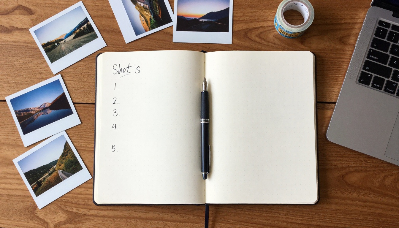 Handwritten shot list in a notebook on a planning desk