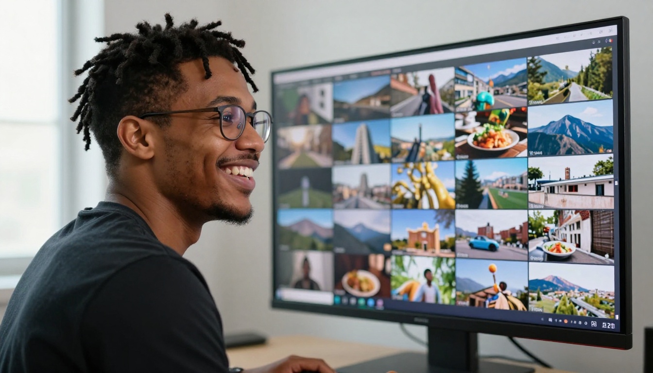 Creator reviewing a wall of video thumbnails on a monitor