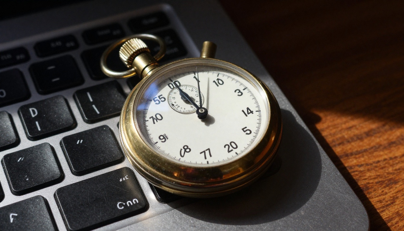 Stopwatch beside a laptop keyboard on a dark desk Stopwatch beside a laptop keyboard on a dark desk