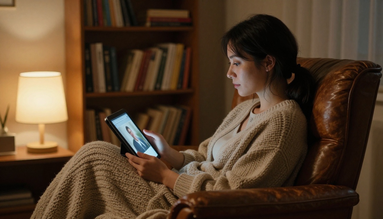 Reader watching a clip on a tablet in a warm night living room Reader watching a clip on a tablet in a warm night living room