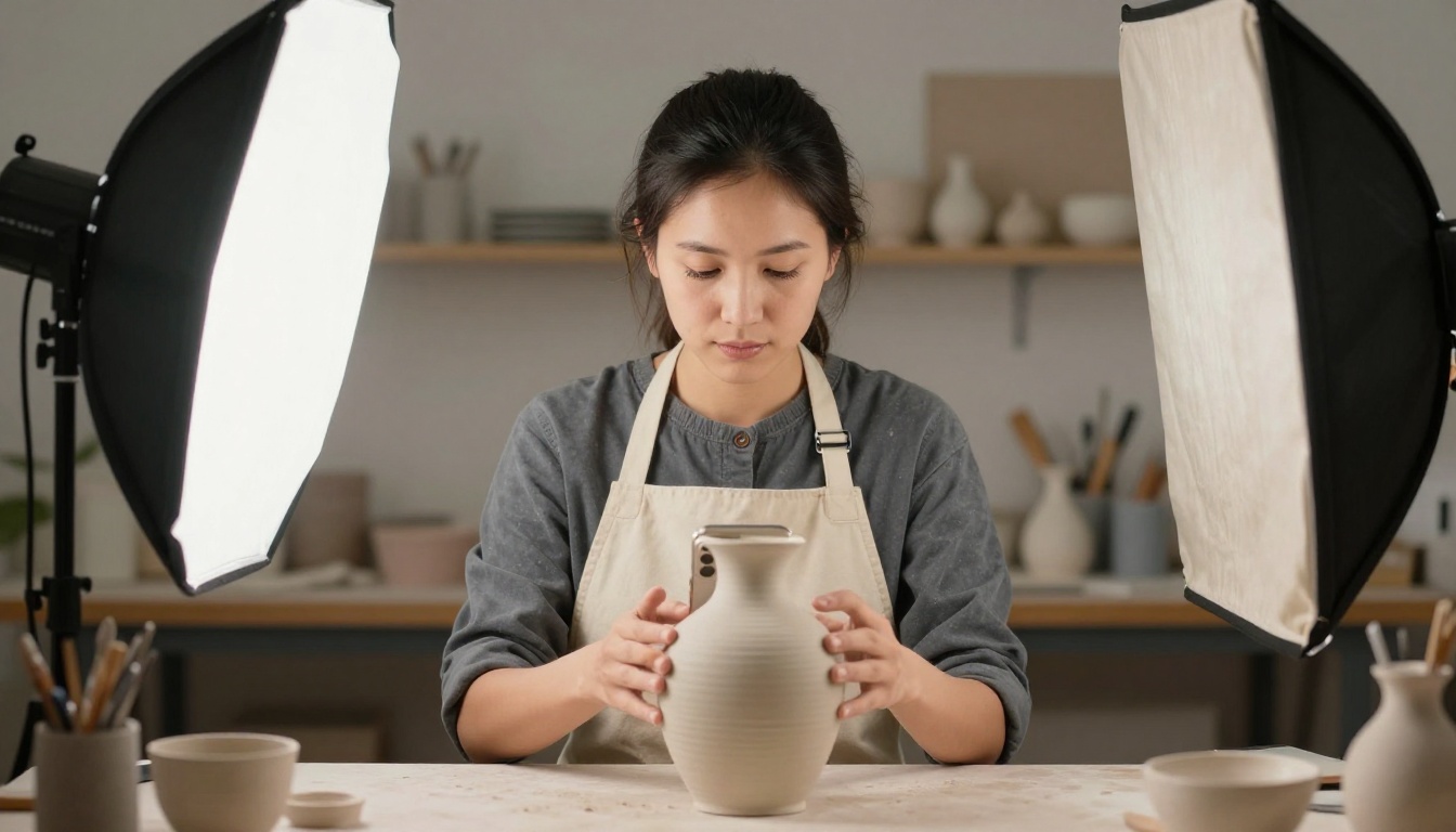 Potter filming a ceramic vase with studio lighting Potter filming a ceramic vase with studio lighting