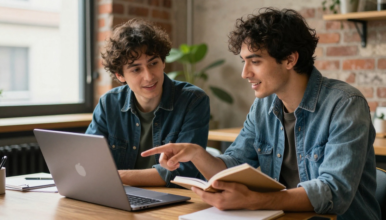 Two creators comparing a clip in a coworking space Two creators comparing a clip in a coworking space