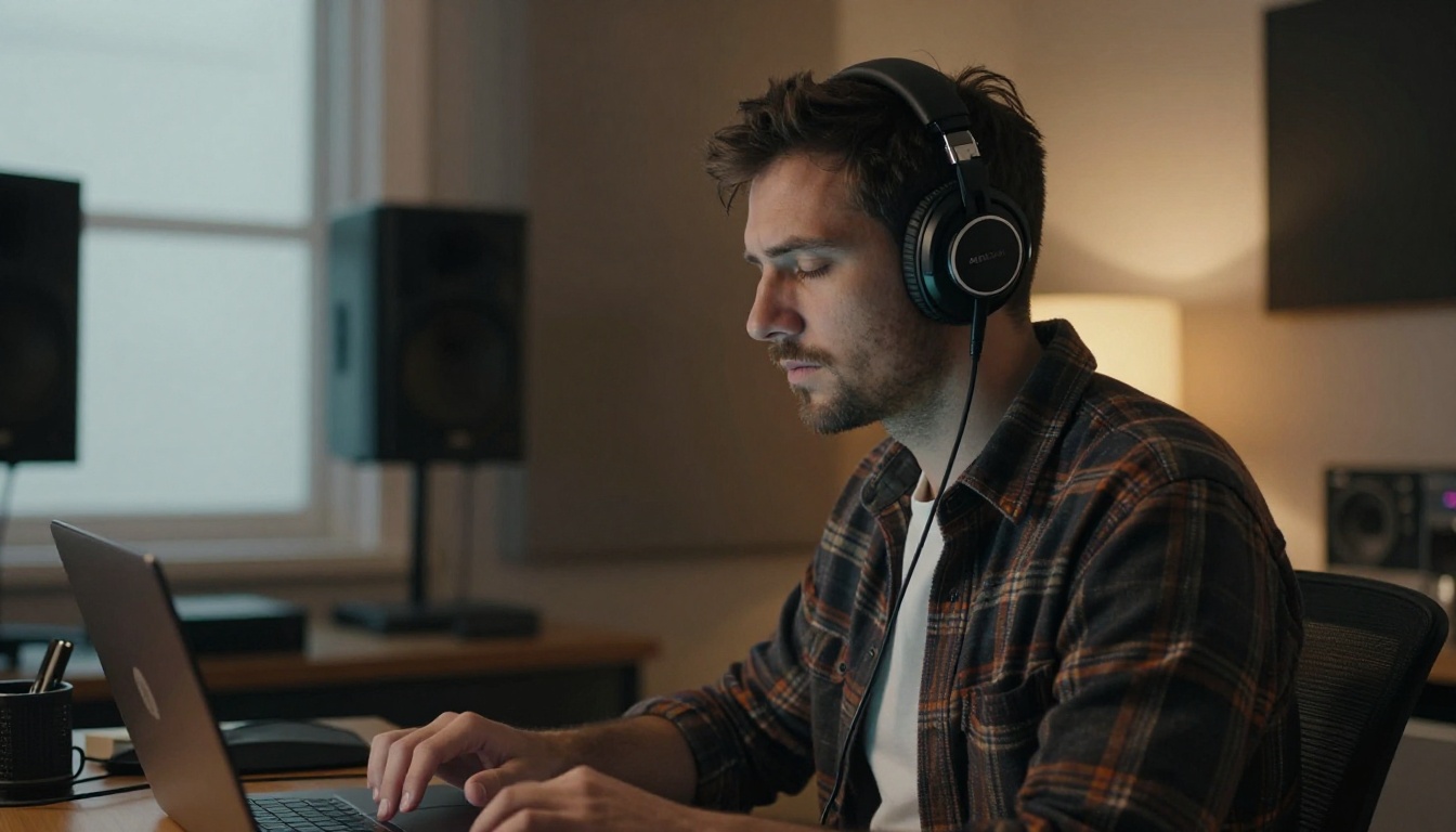 Creator with headphones listening to a clip's soundtrack at dusk