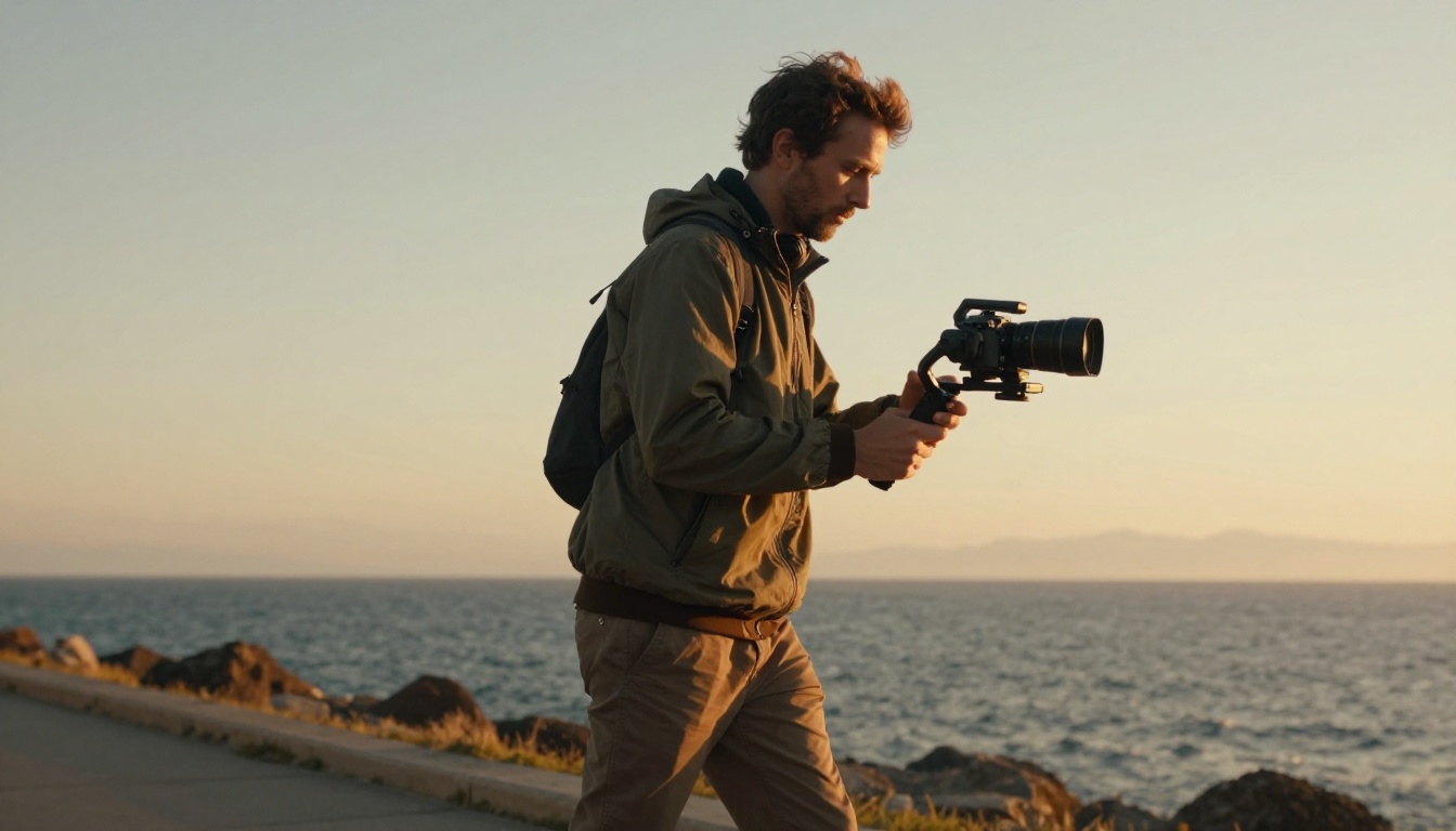 Videographer with a gimbal rig on a coastal promenade at sunset
