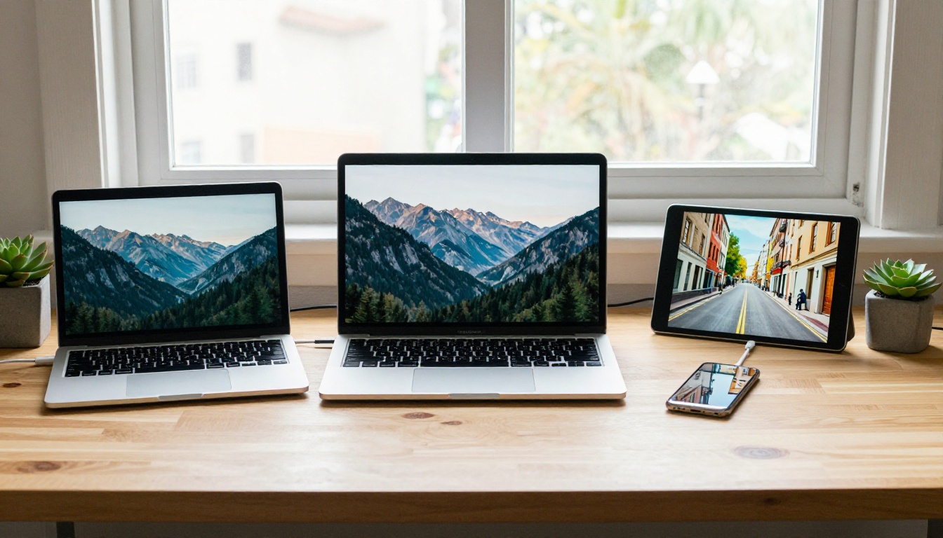 Desk with three screens playing different AI video styles