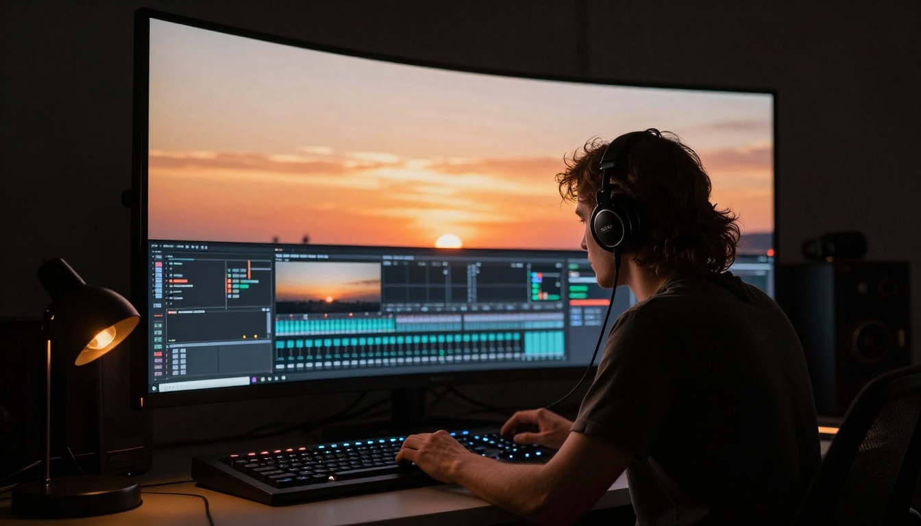 Colorist working late against a glowing grading screen
