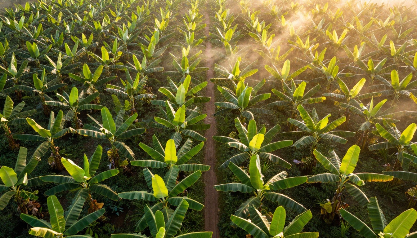 Aerial view of tropical banana plantation at sunrise with geometric leaf patterns