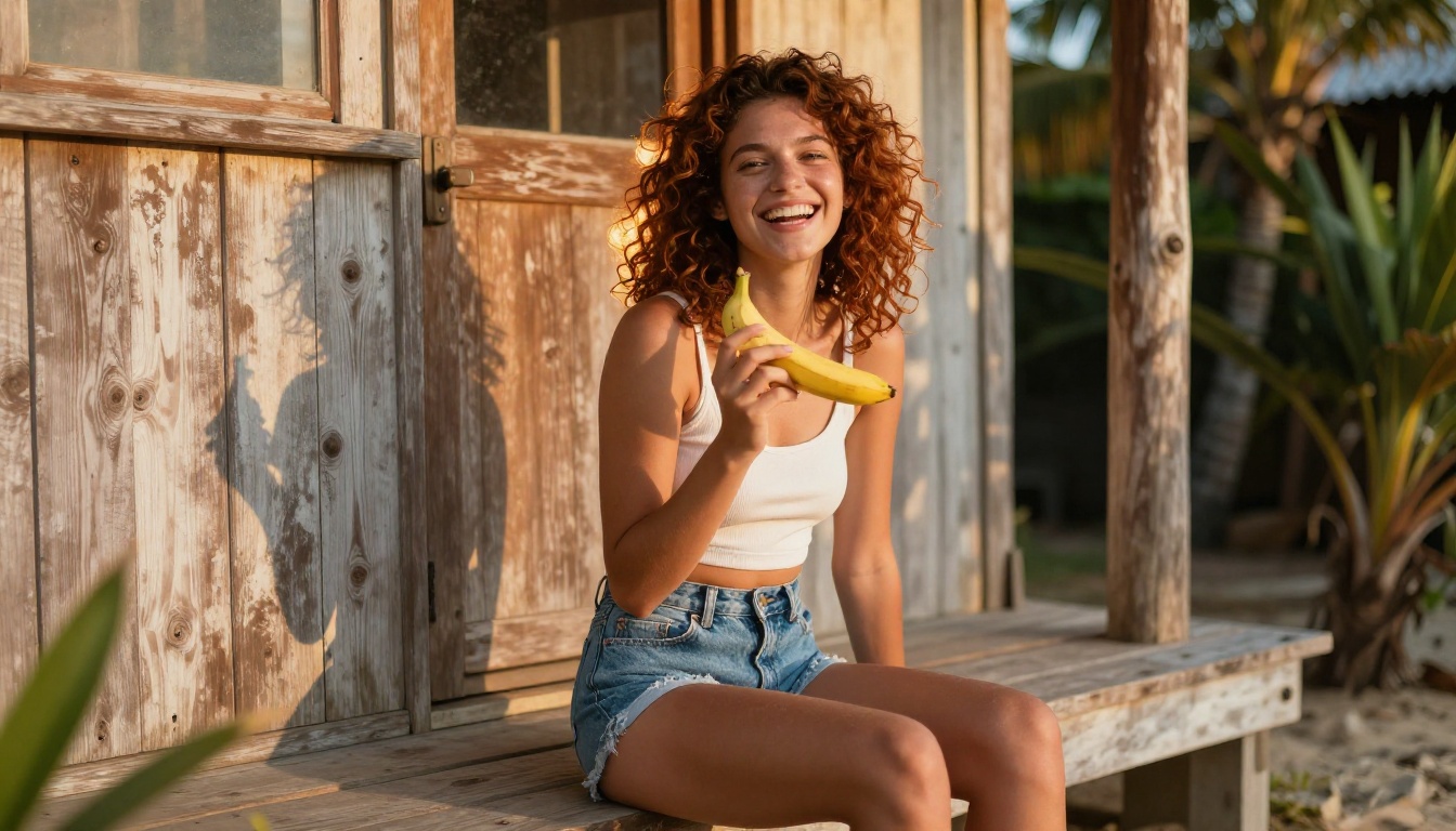 Young woman with curly auburn hair holding banana at beach bungalow in golden hour light