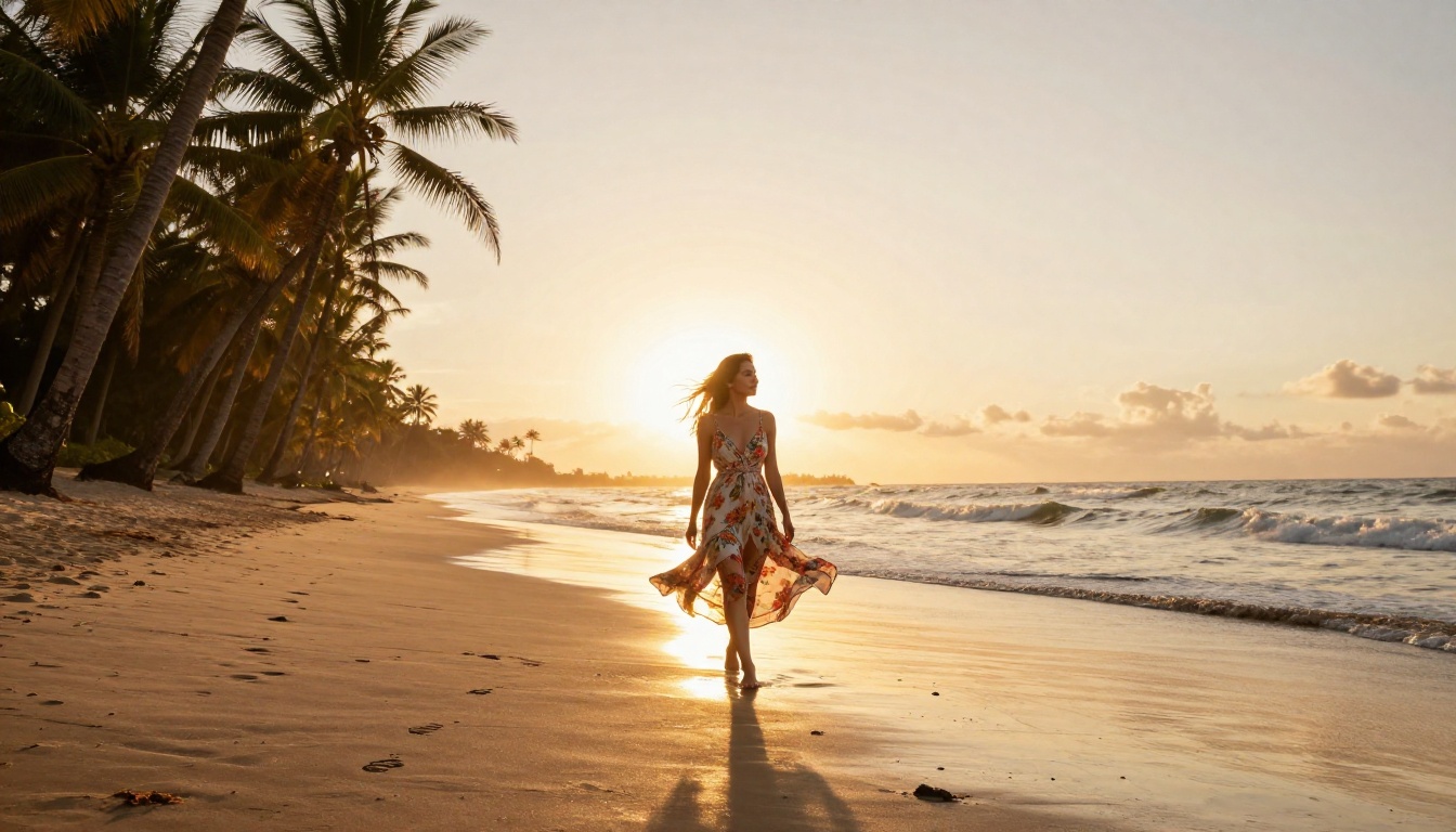 Woman in flowing floral sundress walking along wet tropical beach at sunset