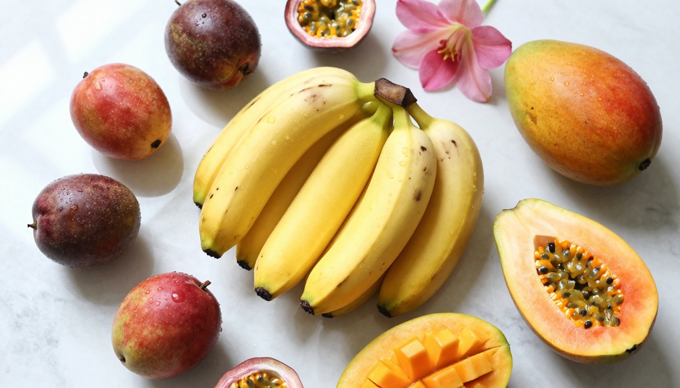 Overhead flat-lay of tropical fruits on marble with bananas as centerpiece