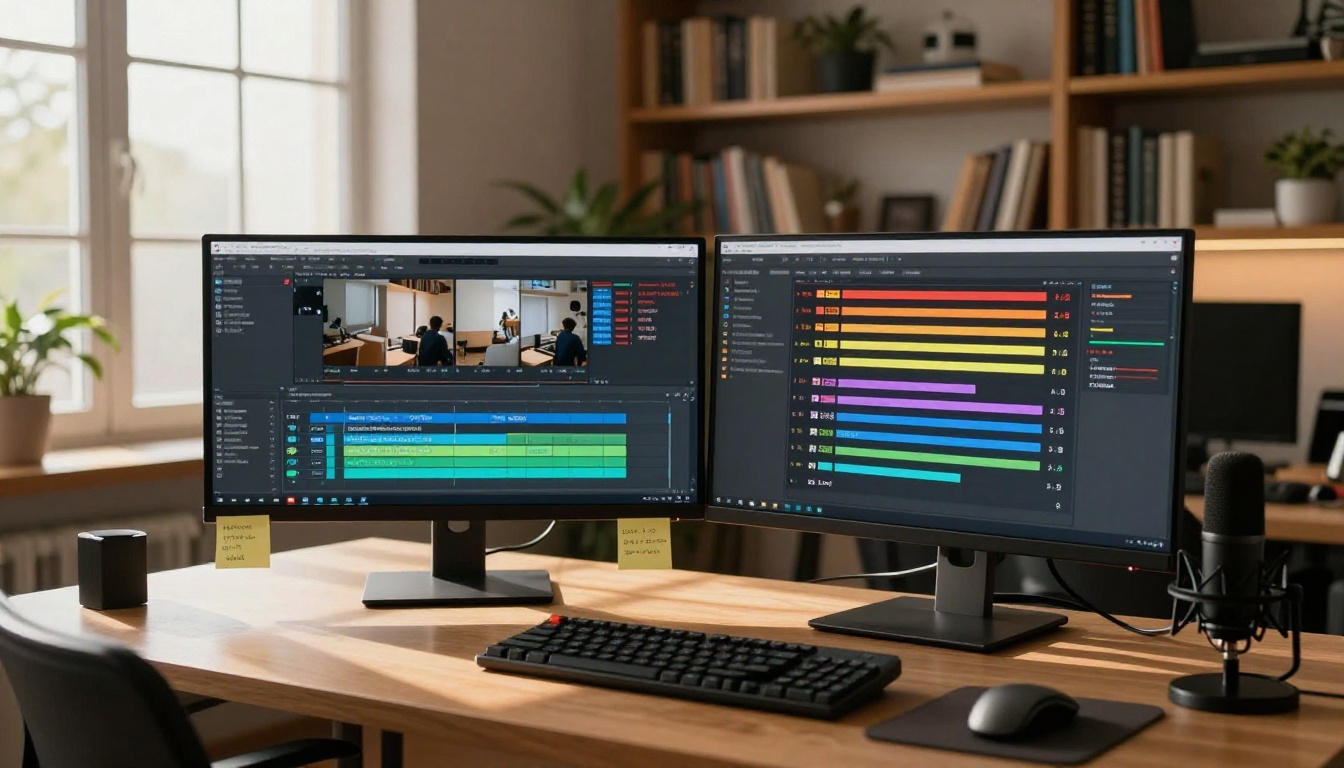 Creator workspace with multilingual translation dashboard across dual monitors