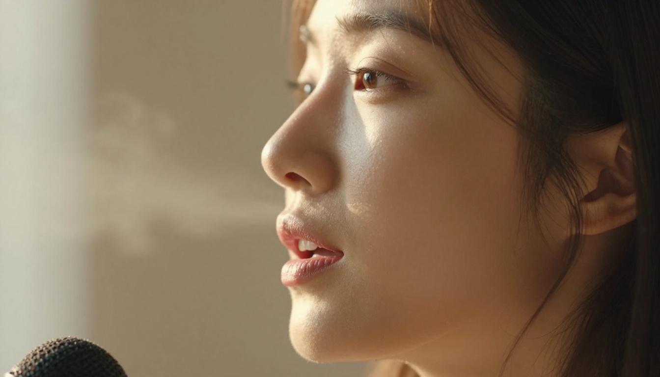 Close-up of a woman mid-speech, lips parted naturally, warm golden studio light