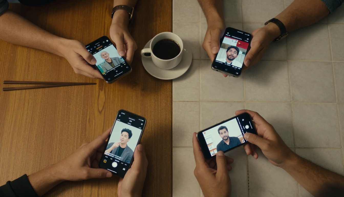 Four smartphones on global surfaces showing same video with different language subtitles