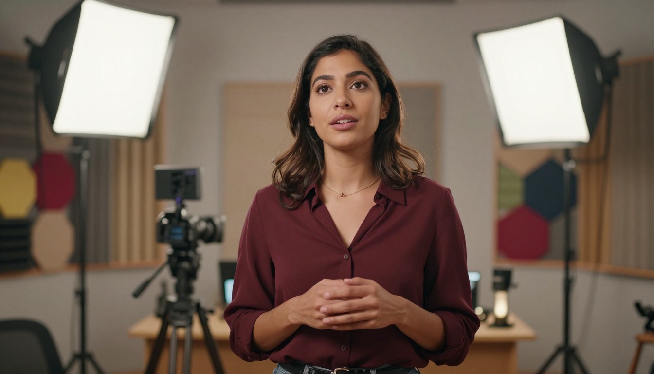 Female content creator on low angle shot, commanding presence in professional podcast studio