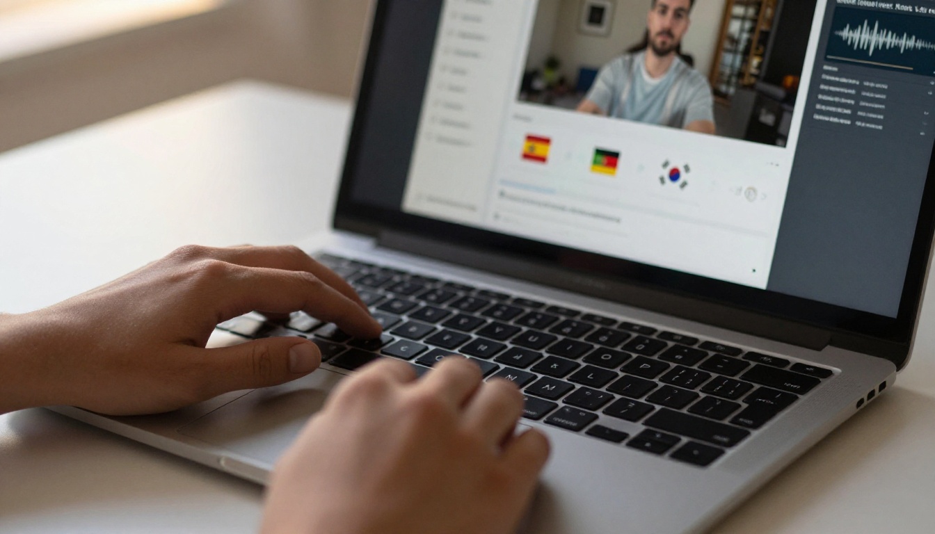 Hands on laptop keyboard with AI video translation workflow visible on screen