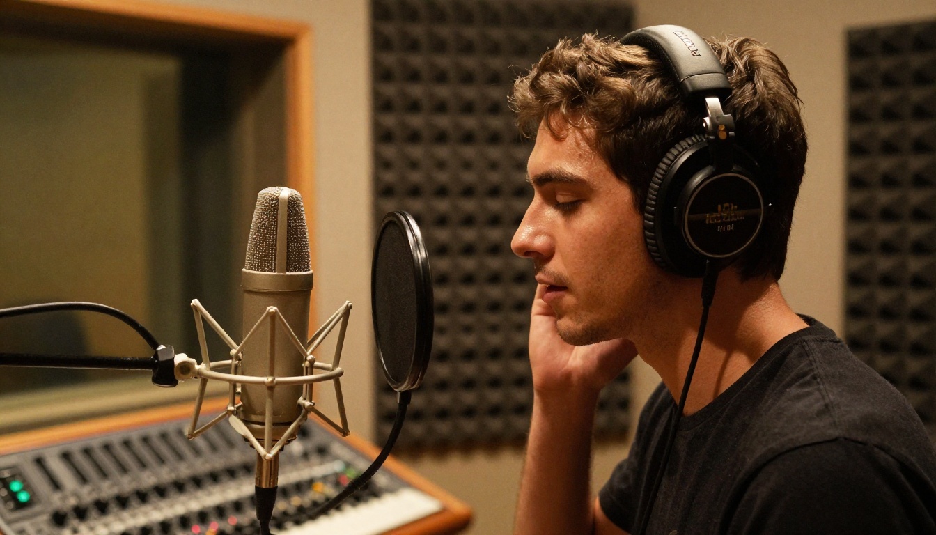 Man in vocal recording booth, eyes closed, speaking into large-diaphragm condenser microphone