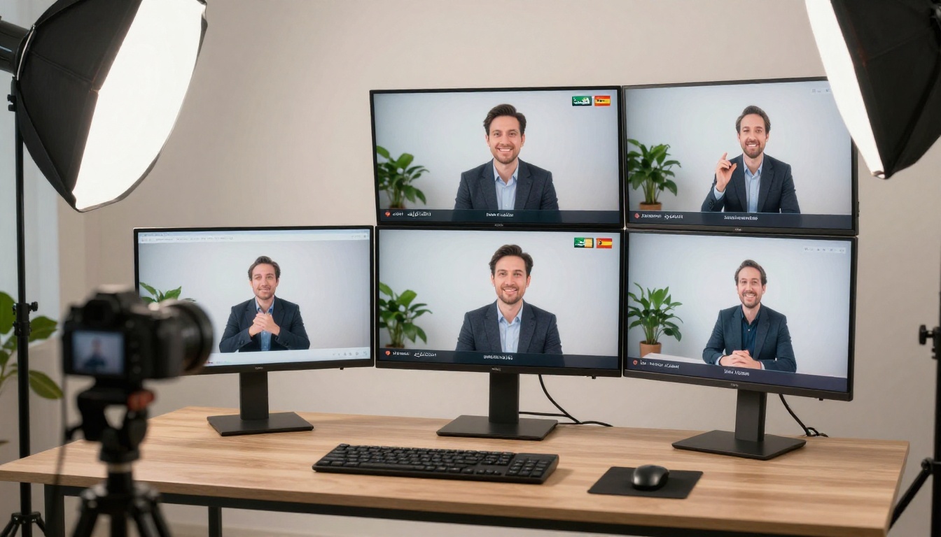 Content creator with four localized video panels shown on wall-mounted multi-screen monitor