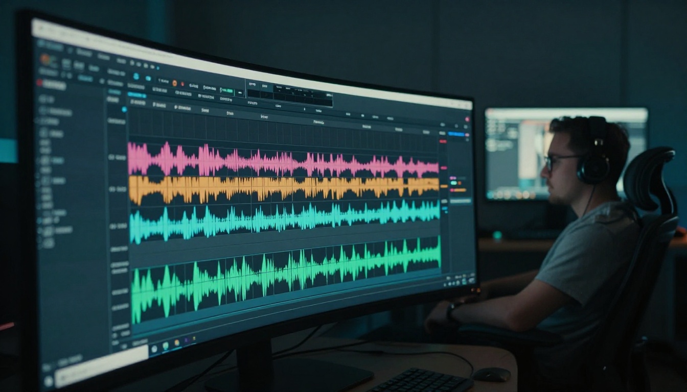 Video editing NLE timeline with multilingual audio tracks on large curved ultrawide monitor
