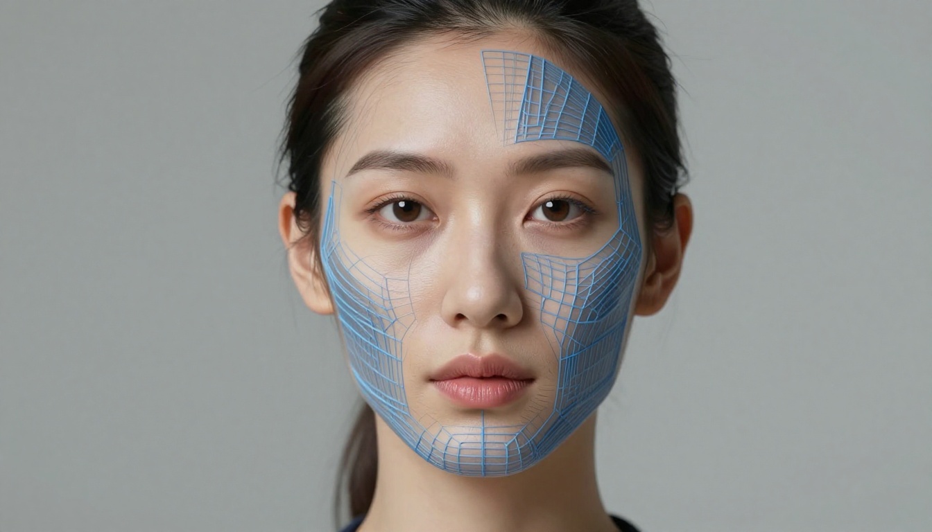 AI facial landmark tracking points mapped across a female presenter's face, showing jaw and lip movement analysis AI facial landmark tracking points mapped across a female presenter's face, showing jaw and lip movement analysis