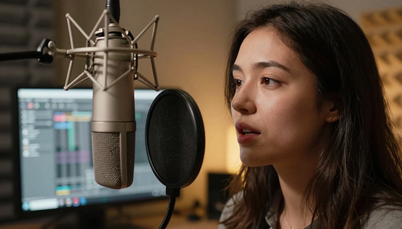 Professional female voice actress recording clean dry audio in an acoustic isolation booth with a condenser microphone Professional female voice actress recording clean dry audio in an acoustic isolation booth with a condenser microphone