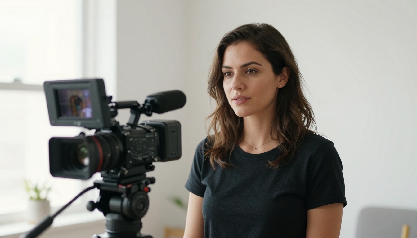Female presenter demonstrating the ideal front-facing camera angle setup for AI lip syncing footage Female presenter demonstrating the ideal front-facing camera angle setup for AI lip syncing footage