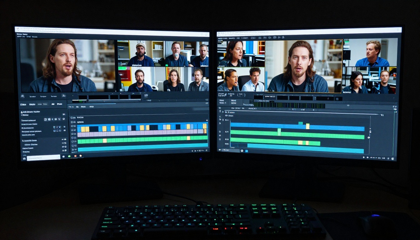 Post-production video editor reviewing talking head footage frame by frame on a color-calibrated 4K monitor in a dark edit suite Post-production video editor reviewing talking head footage frame by frame on a color-calibrated 4K monitor in a dark edit suite