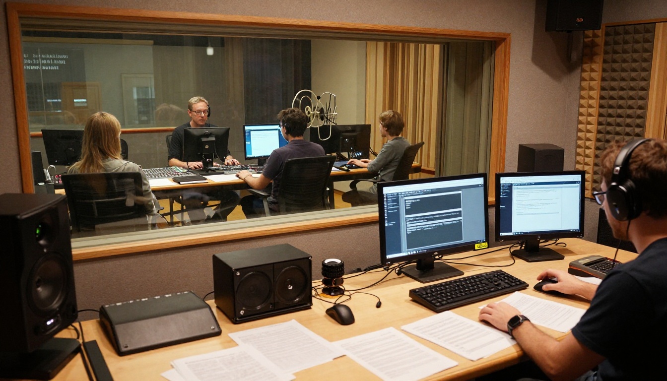 International dubbing studio with voice actors behind a glass partition recording translated dialogue, sound engineer at mixing board in foreground International dubbing studio with voice actors behind a glass partition recording translated dialogue, sound engineer at mixing board in foreground