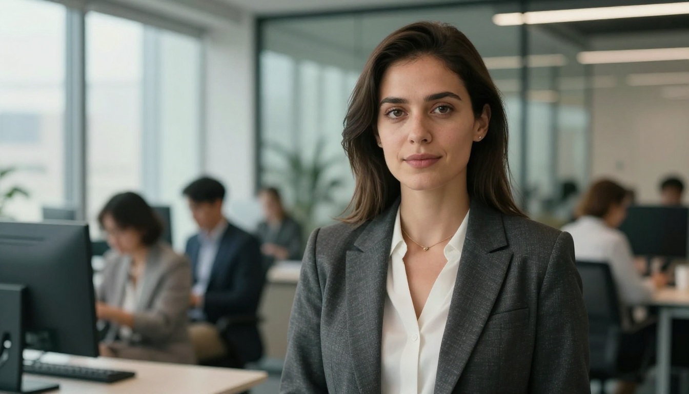 Professional businesswoman delivering a corporate presentation directly to camera in a modern glass-wall open-plan office Professional businesswoman delivering a corporate presentation directly to camera in a modern glass-wall open-plan office