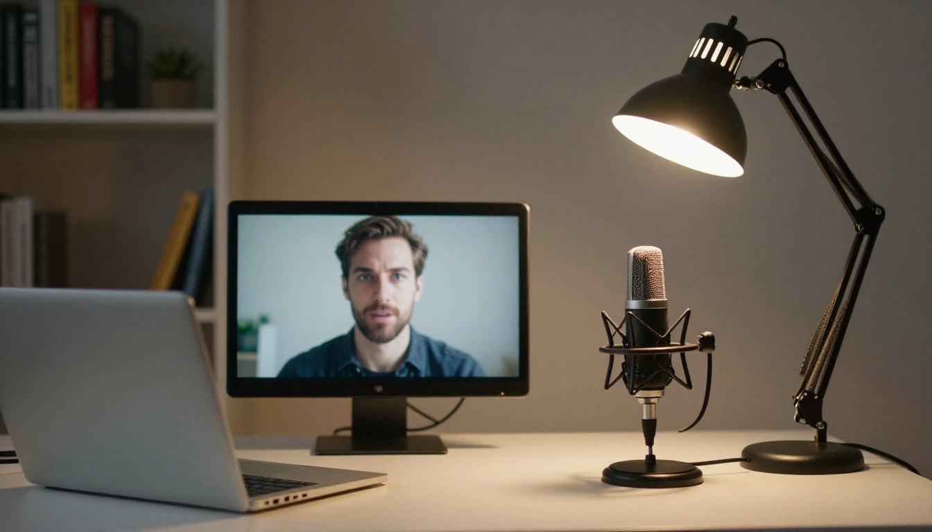 E-learning instructor recording a tutorial video directly to camera at a clean home desk with microphone E-learning instructor recording a tutorial video directly to camera at a clean home desk with microphone