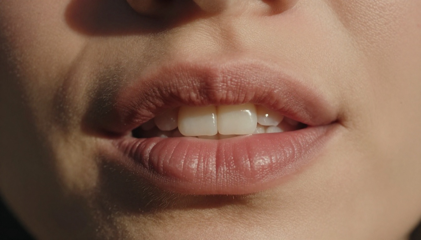 Extreme close-up photorealistic detail of a woman's mouth mid-sentence, showing natural lip and tooth texture under directional light Extreme close-up photorealistic detail of a woman's mouth mid-sentence, showing natural lip and tooth texture under directional light