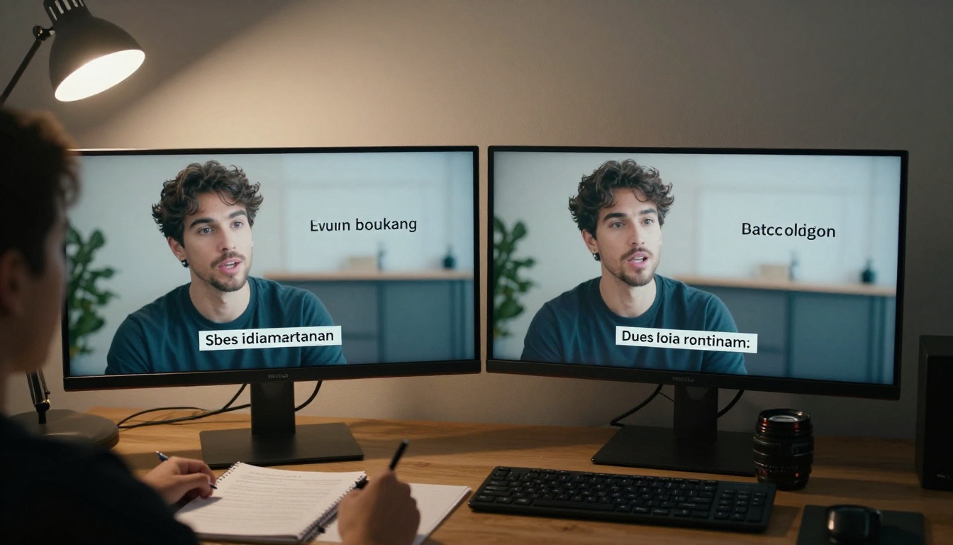Content creator reviewing two versions of a lip-synced video side by side on dual monitors for A/B testing Content creator reviewing two versions of a lip-synced video side by side on dual monitors for A/B testing