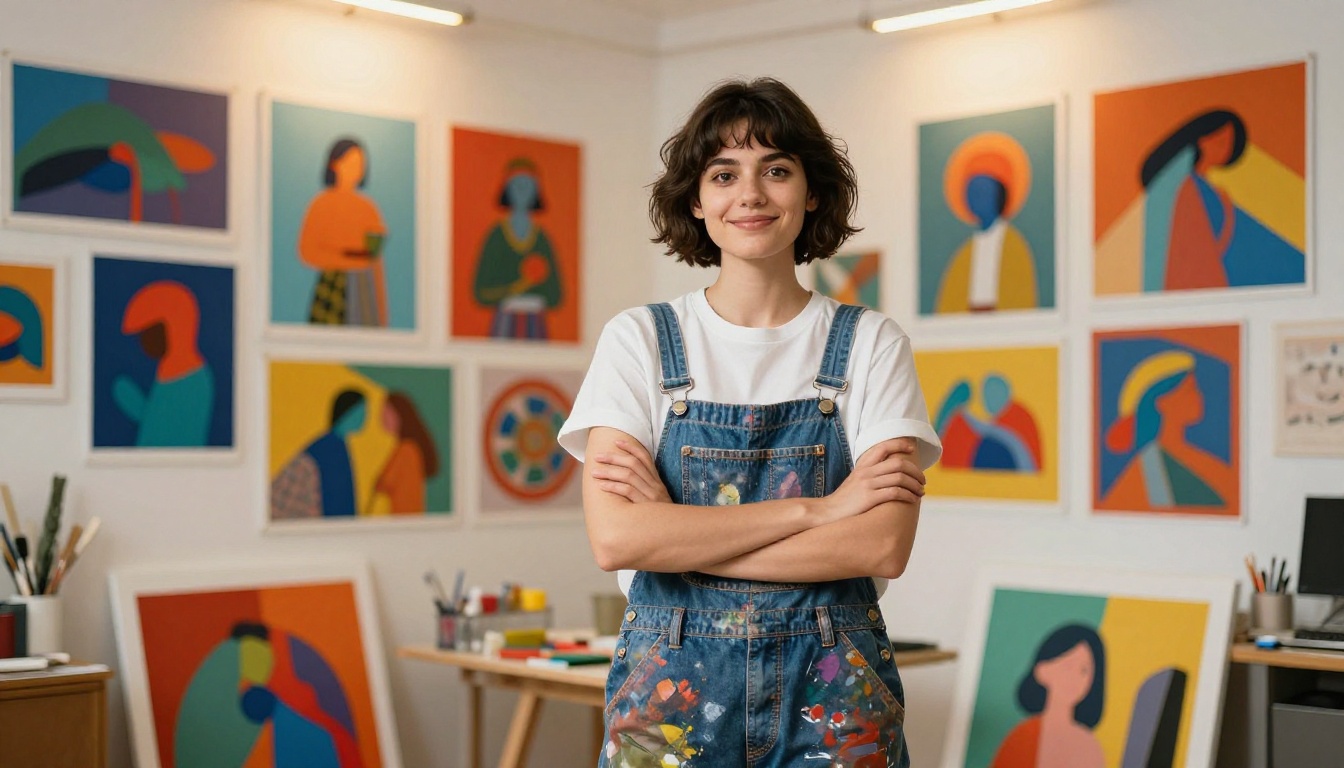 Woman at creative workspace with tablet showing AI-generated artwork Woman at creative workspace with tablet showing AI-generated artwork