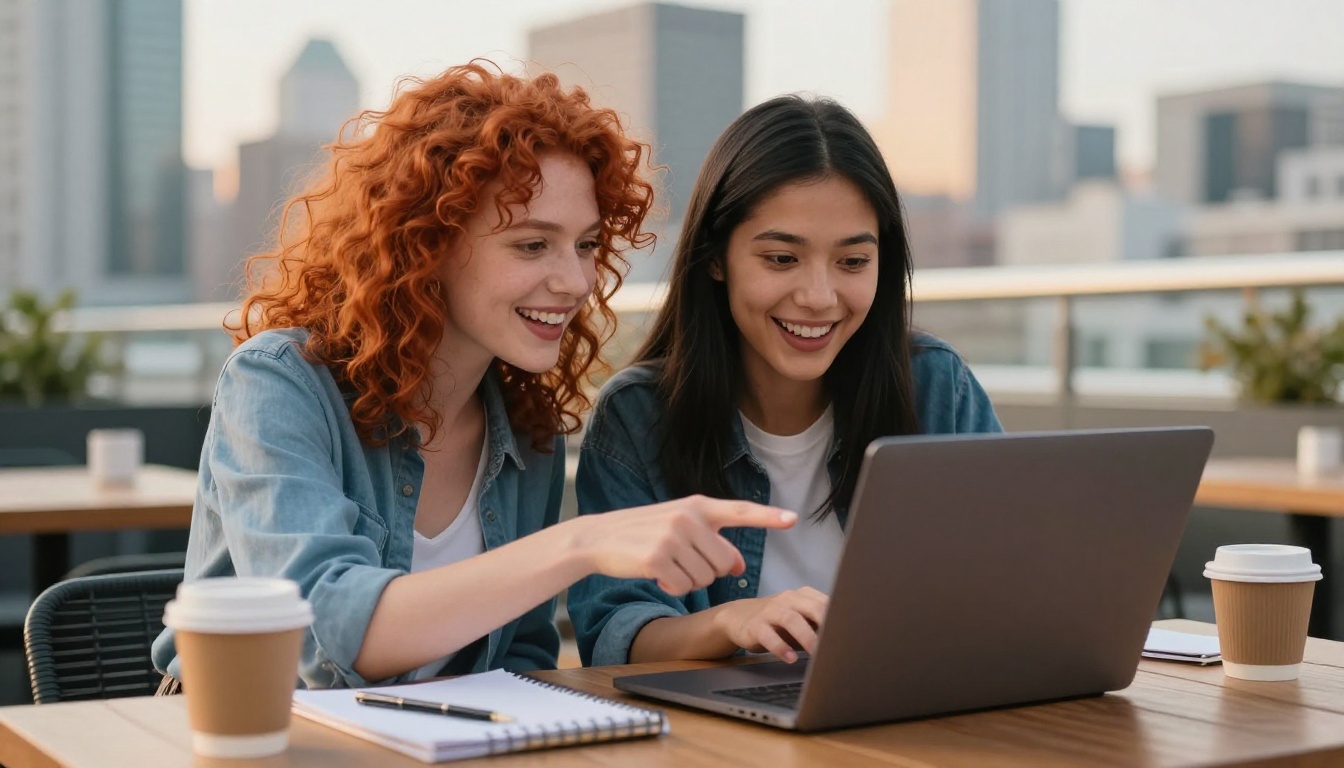 Two women at a rooftop cafe excited about AI-generated images on a laptop Two women at a rooftop cafe excited about AI-generated images on a laptop