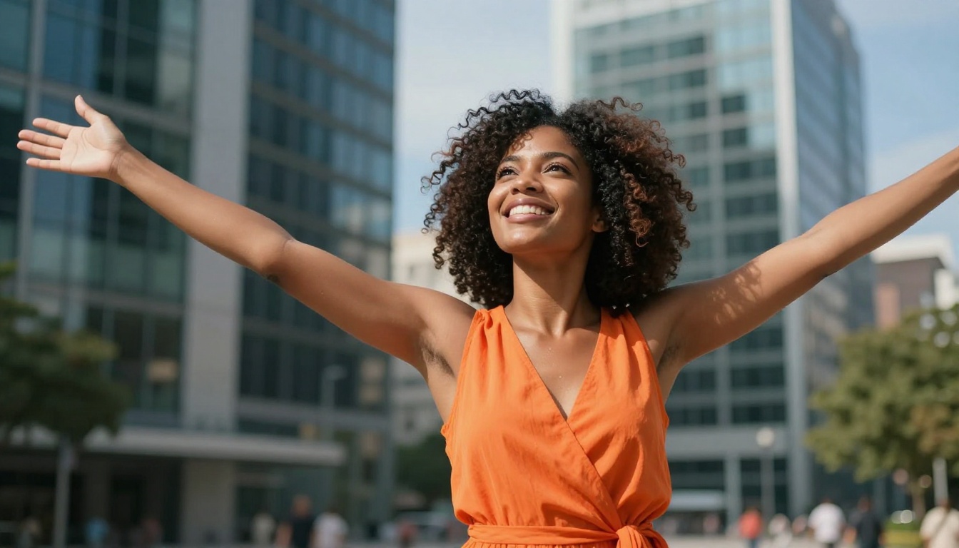 Woman with natural afro hair in orange dress in sunny urban plaza, arms spread wide Woman with natural afro hair in orange dress in sunny urban plaza, arms spread wide
