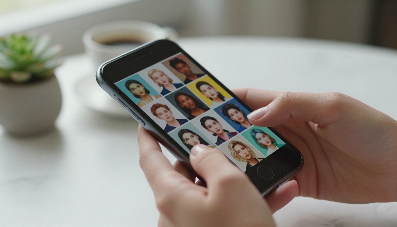 Close-up of hands holding smartphone showing grid of AI-generated portrait images Close-up of hands holding smartphone showing grid of AI-generated portrait images