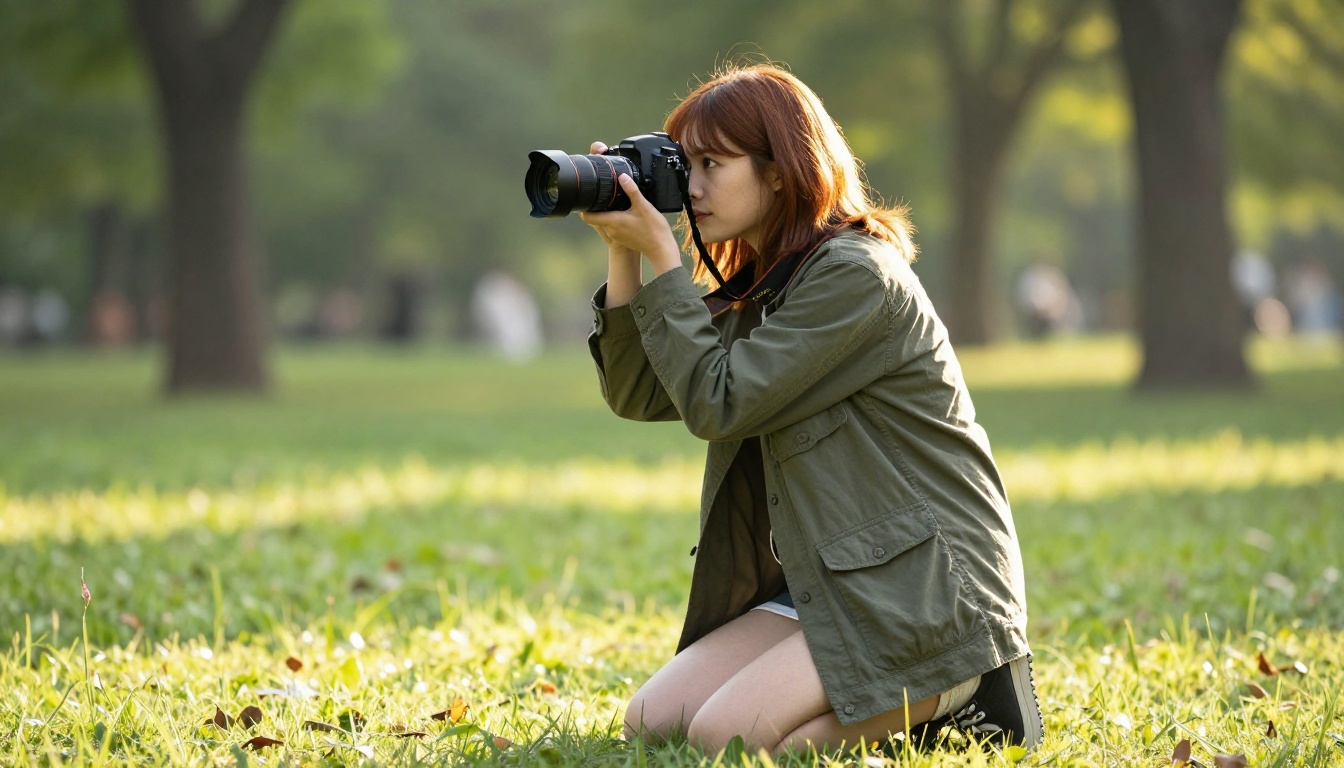 Young photographer kneeling in sunlit park looking through DSLR camera viewfinder Young photographer kneeling in sunlit park looking through DSLR camera viewfinder
