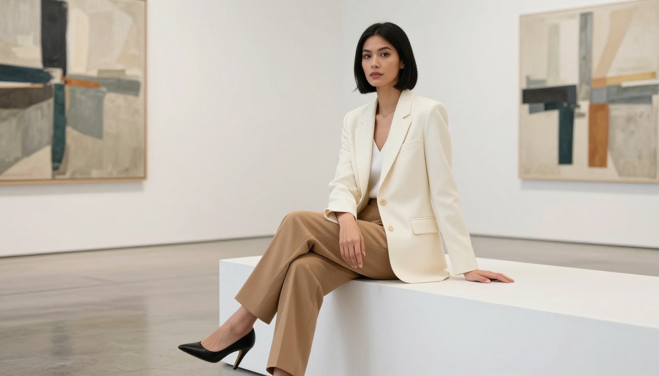 Fashionable woman with black bob hair sitting confidently in bright modern gallery space Fashionable woman with black bob hair sitting confidently in bright modern gallery space