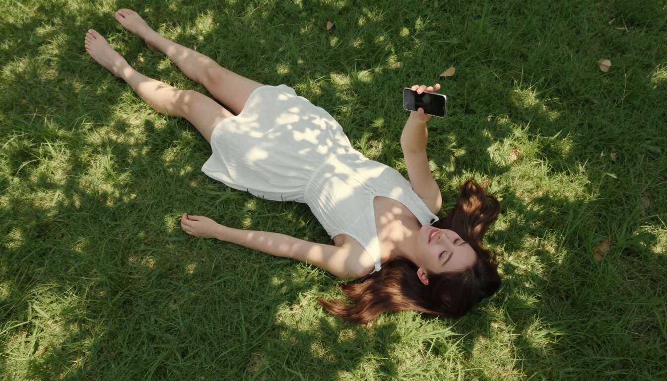 Aerial view of woman lying on green grass in white sundress holding smartphone Aerial view of woman lying on green grass in white sundress holding smartphone