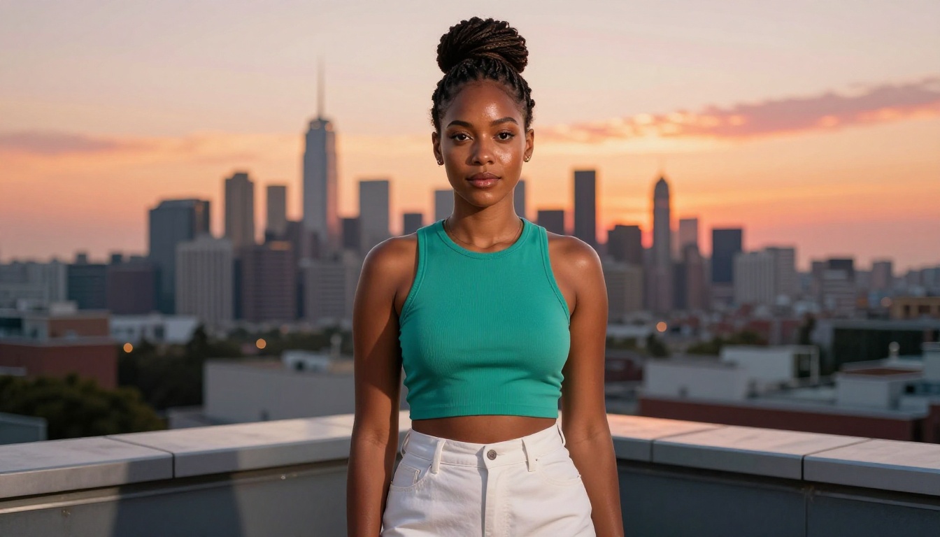Confident woman with braided hair in teal top on rooftop terrace at golden hour city sunset Confident woman with braided hair in teal top on rooftop terrace at golden hour city sunset