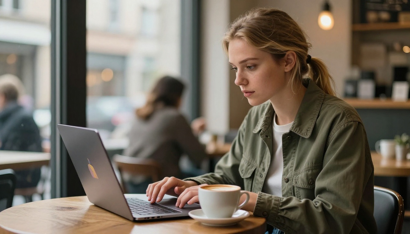 Person creating AI images on a laptop in a cafe, warm ambient window light Person creating AI images on a laptop in a cafe, warm ambient window light