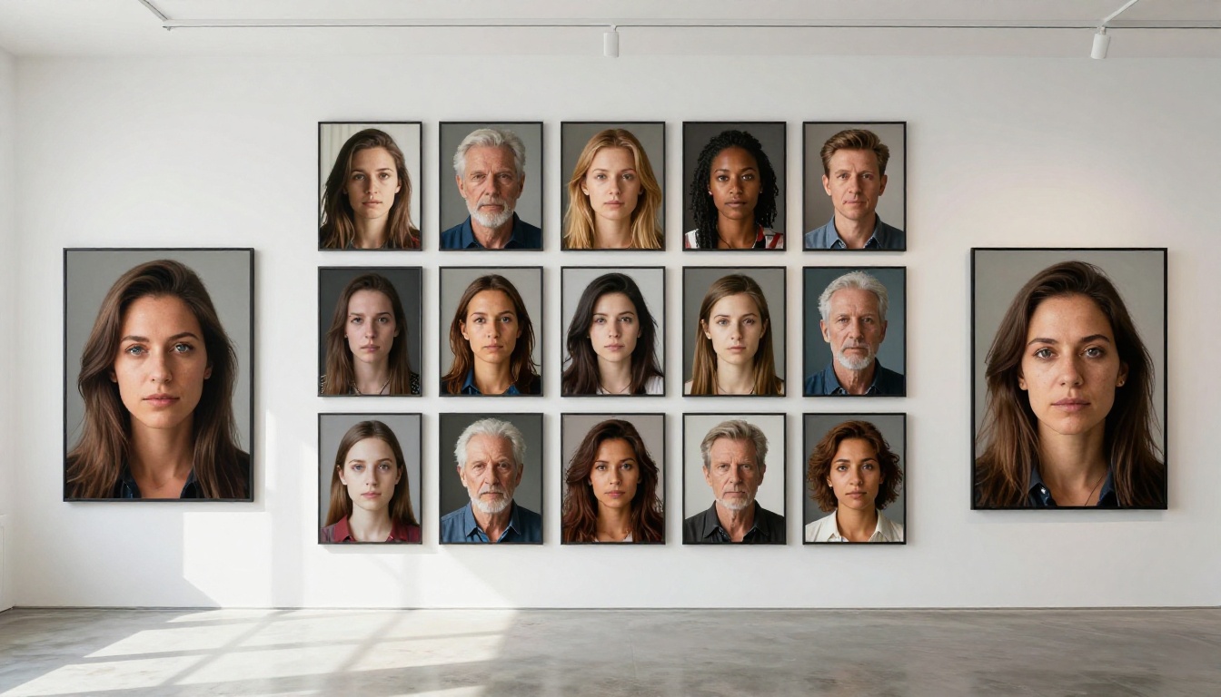 Gallery of diverse photorealistic AI-generated portraits on a minimalist white wall Gallery of diverse photorealistic AI-generated portraits on a minimalist white wall