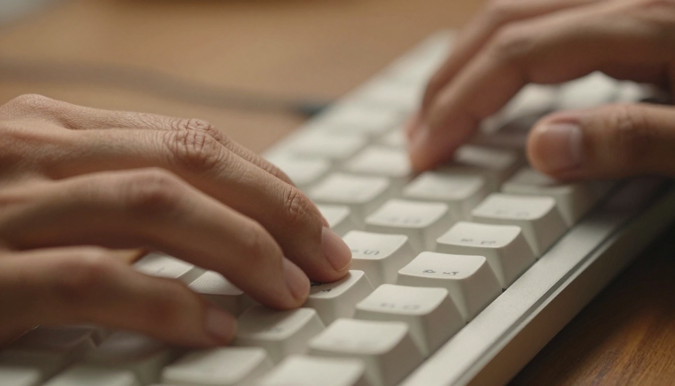 Close-up of hands typing on a mechanical keyboard with warm bokeh background Close-up of hands typing on a mechanical keyboard with warm bokeh background